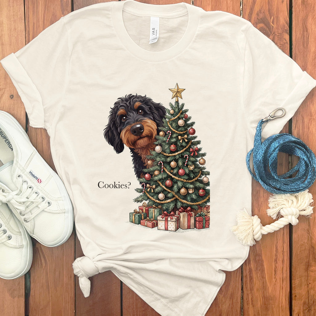Dachshund peeking by a Christmas tree with presents; text says "Cookies?".
