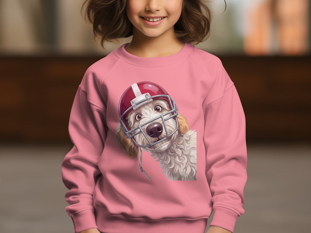 Pink sweatshirt with illustration of a fluffy dog wearing a red football helmet.