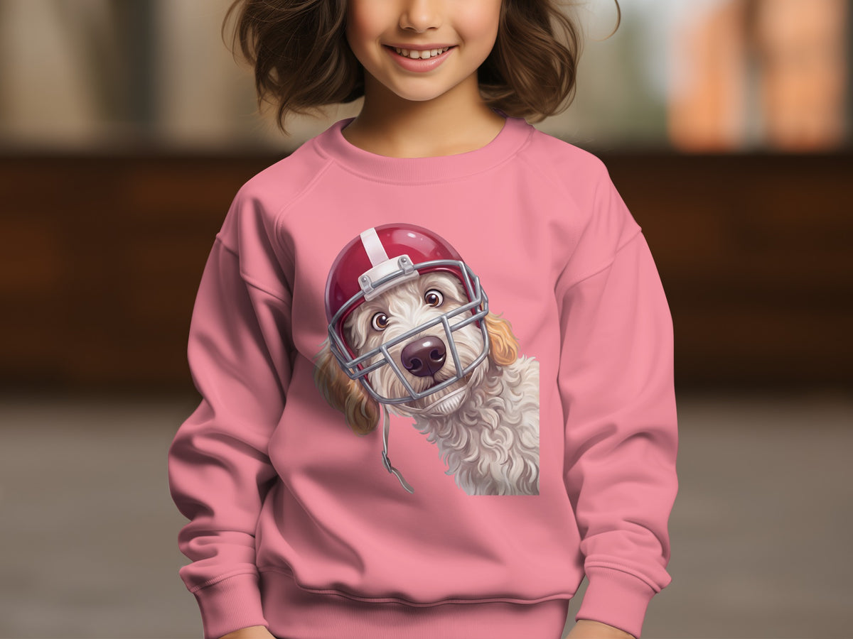Pink sweatshirt with illustration of a fluffy dog wearing a red football helmet.