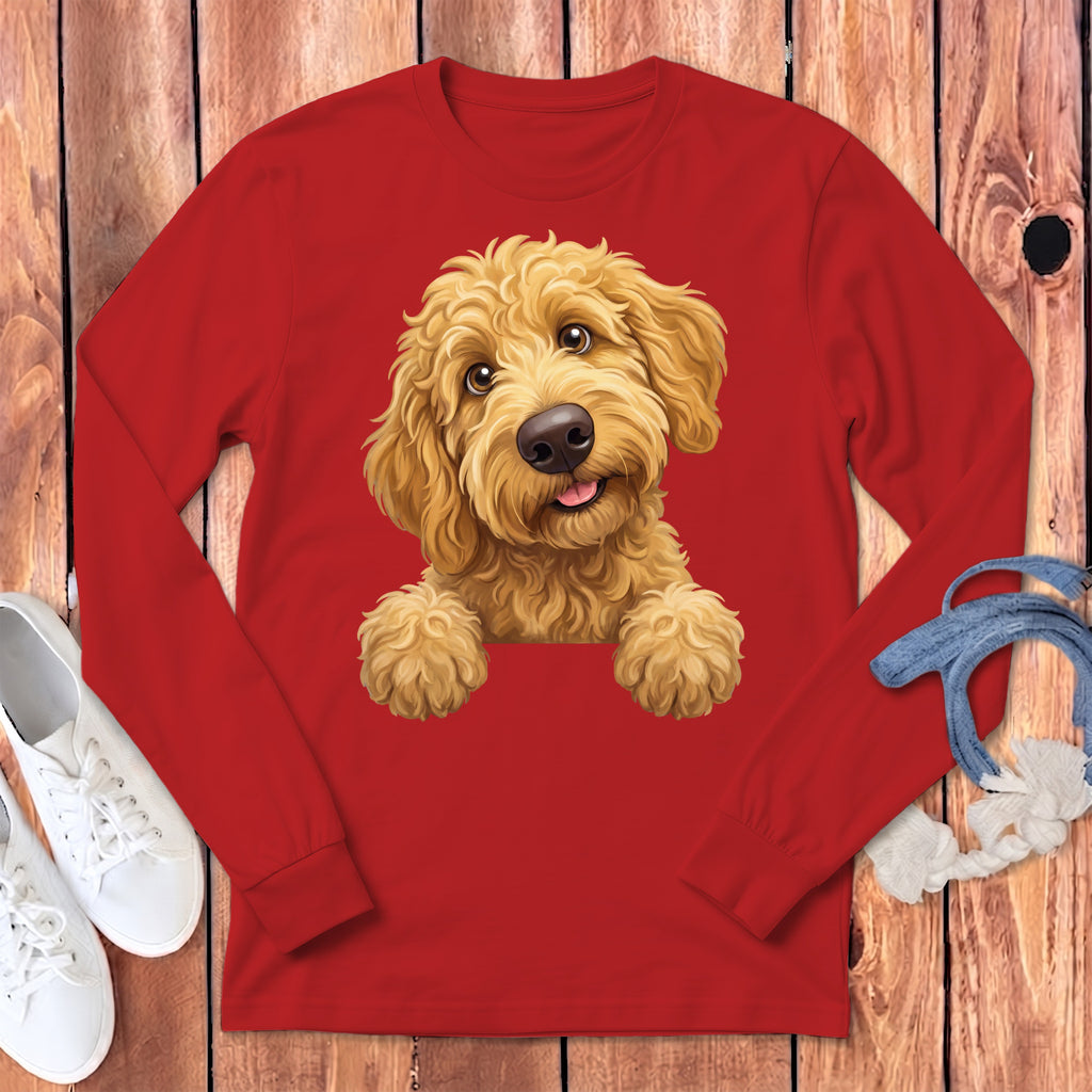 Red long-sleeved shirt featuring a cartoon doodle dog design.