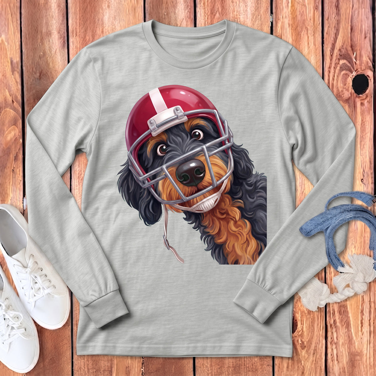 Long-sleeve grey t-shirt with a cartoon dog wearing a football helmet.