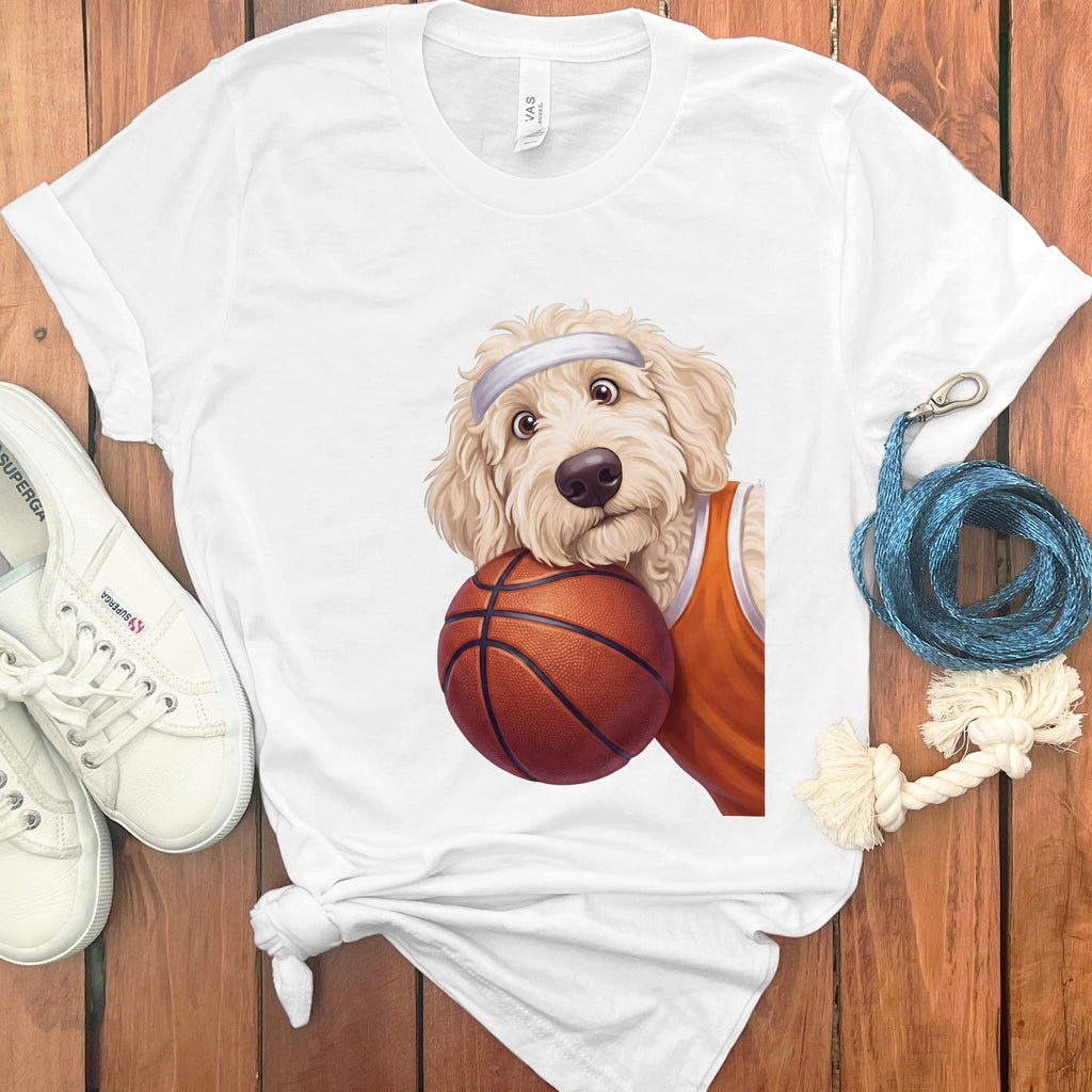 Cream Goldendoodle Basketball Player T-Shirt in White / S by Puppy Jo