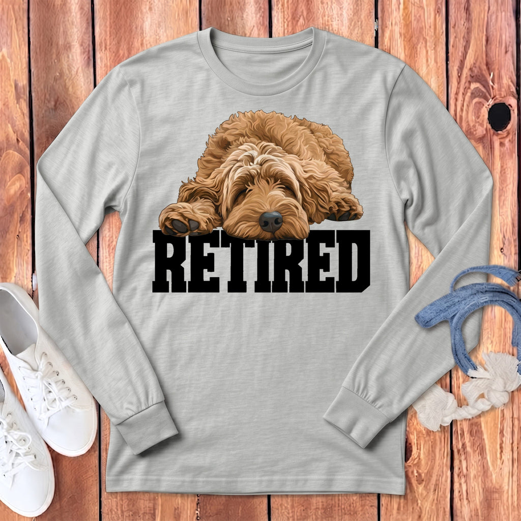 Retired Sleeping Apricot Goldendoodle Long Sleeve T-Shirt in Athletic Heather / S by Puppy Jo