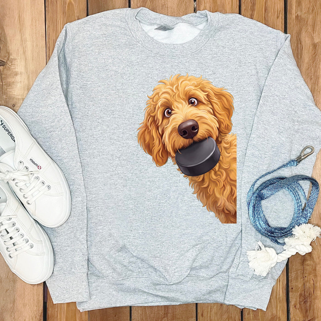 Golden Goldendoodle Hockey Puck Sweatshirt in Sport Grey / S by Puppy Jo