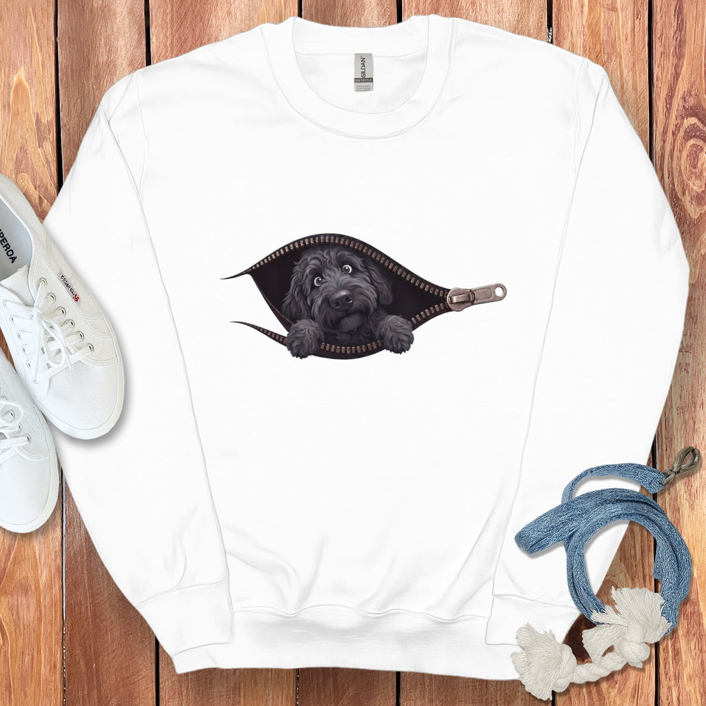 Black Goldendoodle Peeking Zipper Sweatshirt in White / S by Puppy Jo