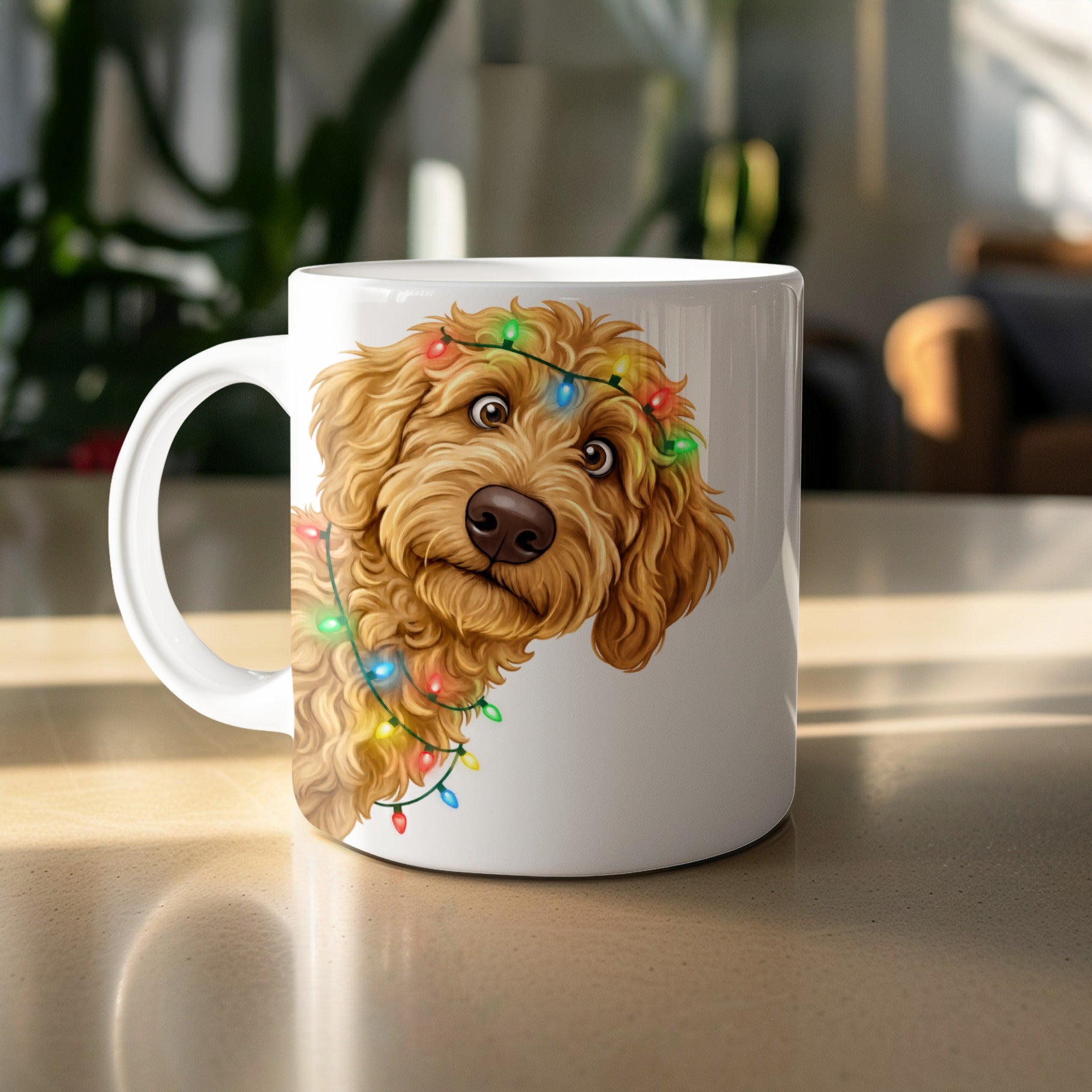 White mug with a golden doodle wearing colorful Christmas lights.