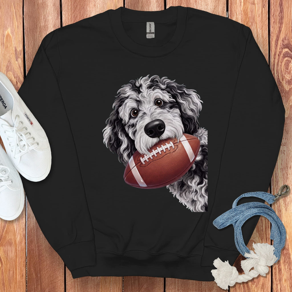 Black crewneck sweatshirt with a doodle holding a football graphic.