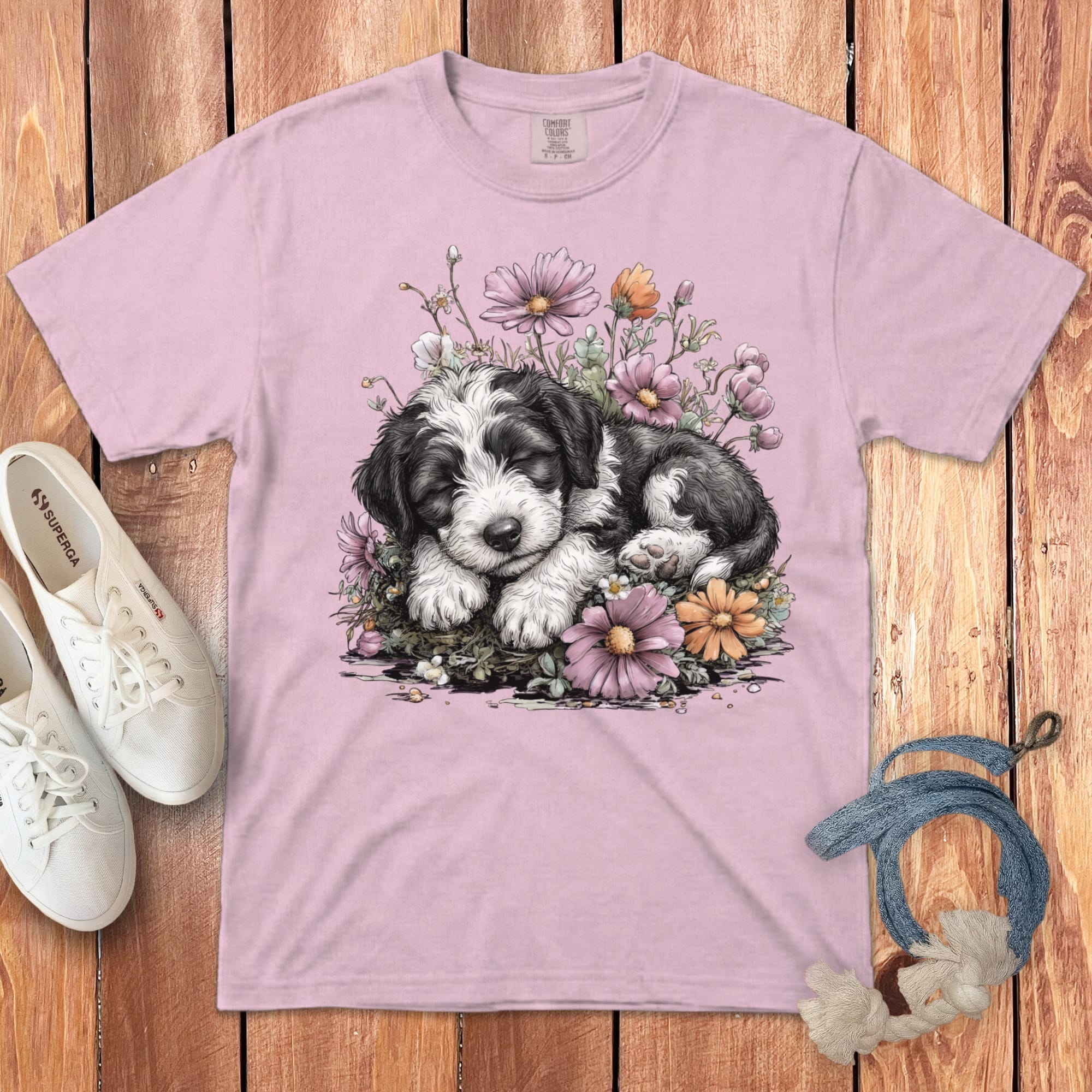 Pink t-shirt featuring a sleeping puppy with flowers.