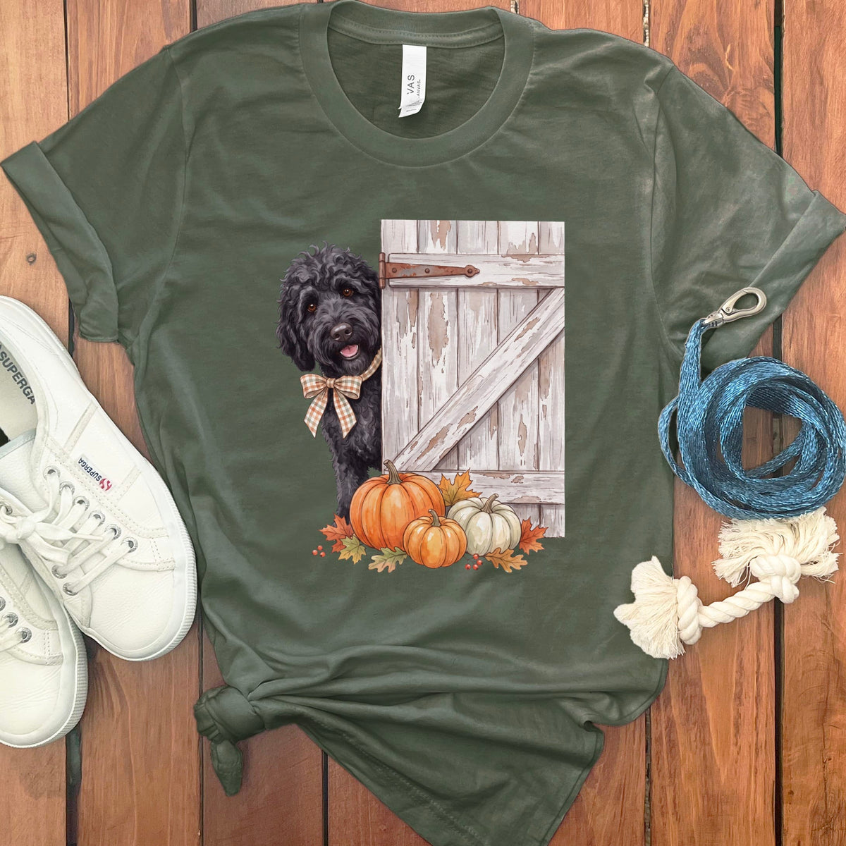 Black Goldendoodle Barn Peeking T-Shirt in Military Green / S by Puppy Jo