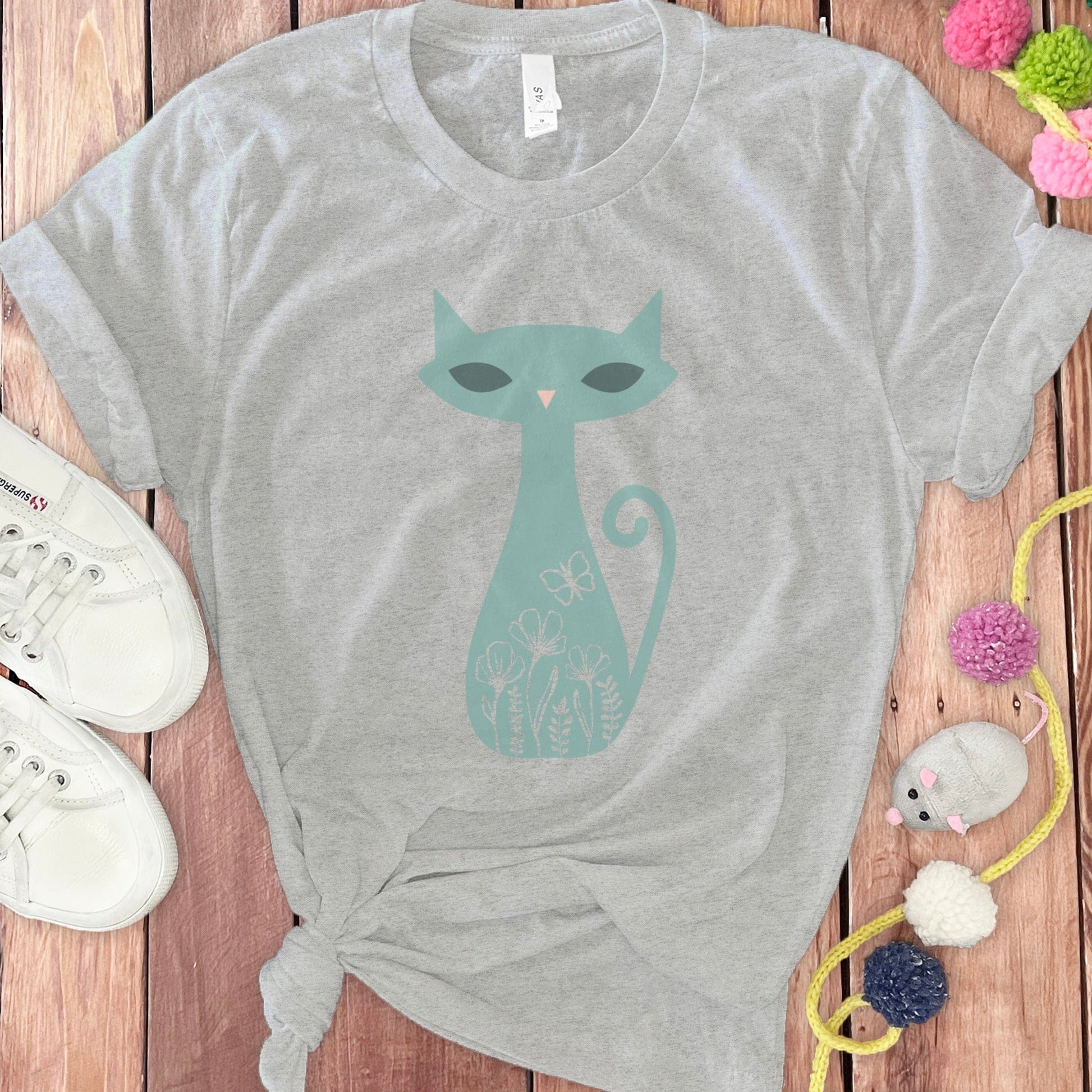 Whimsical Cat Themed Gray Graphic Tee Shirt Product Type