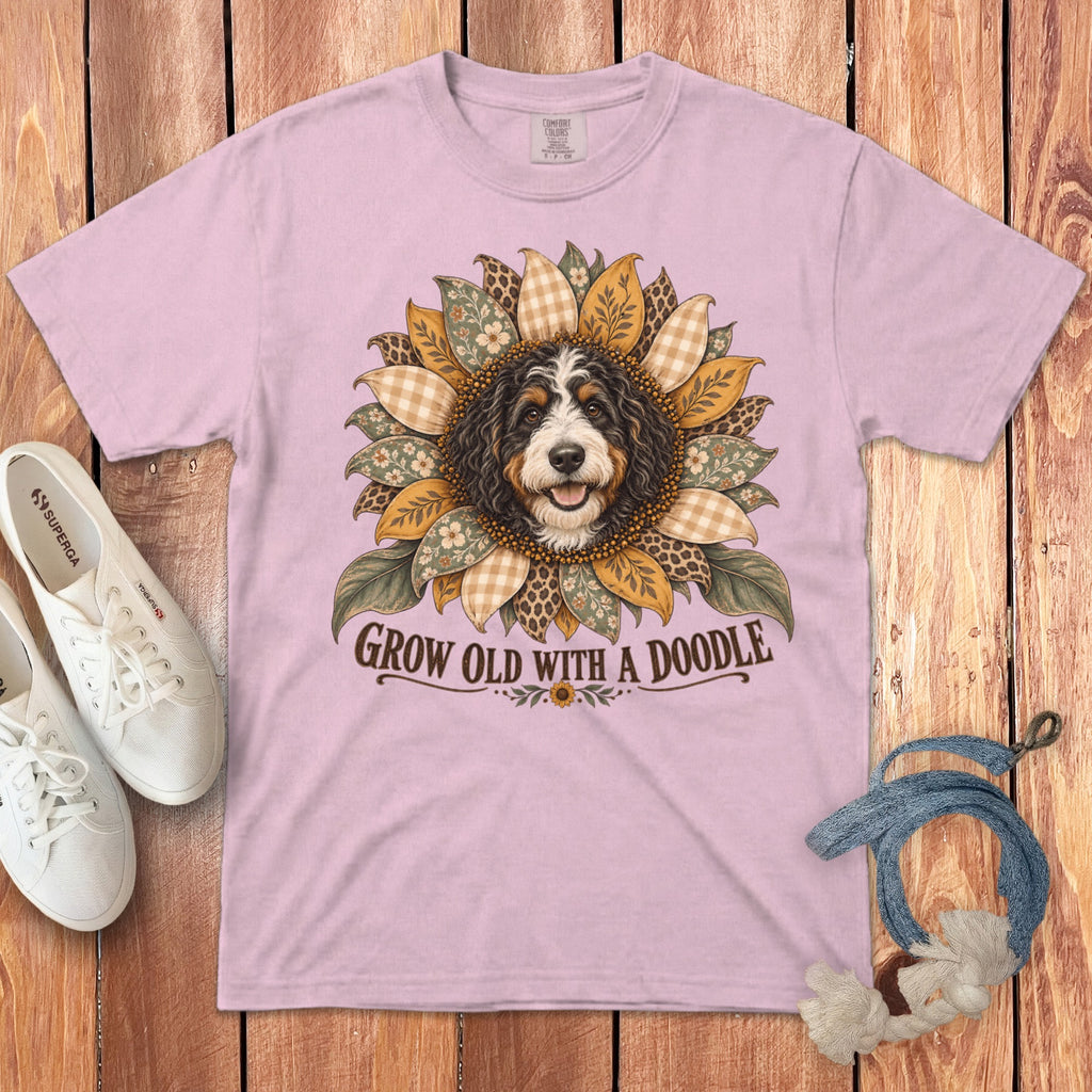A light pink t-shirt with a graphic of a Bernedoodle face surrounded by patterned sunflower petals, and the text GROW OLD WITH A DOODLE below.