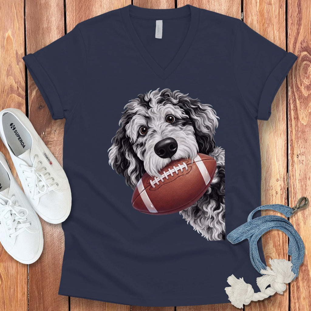 Merle Goldendoodle Football V-Neck T-Shirt in Navy / S by Puppy Jo