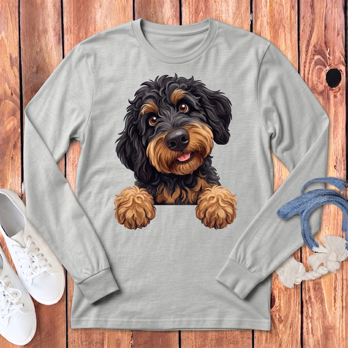 Light grey long-sleeve shirt with a cartoon doodle dog design.