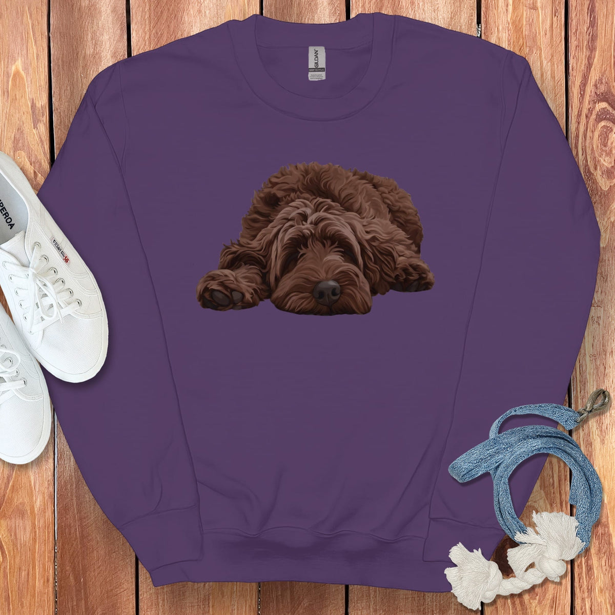 Chocolate Goldendoodle Snoozing Sweatshirt in Purple / S by Puppy Jo