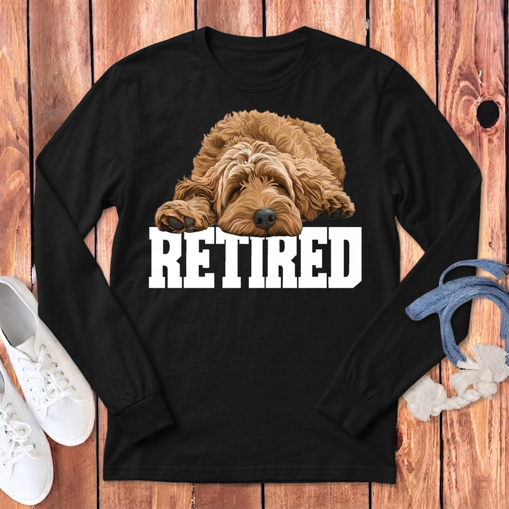 Retired Sleeping Apricot Goldendoodle Long Sleeve T-Shirt in Dark Grey Heather / S by Puppy Jo