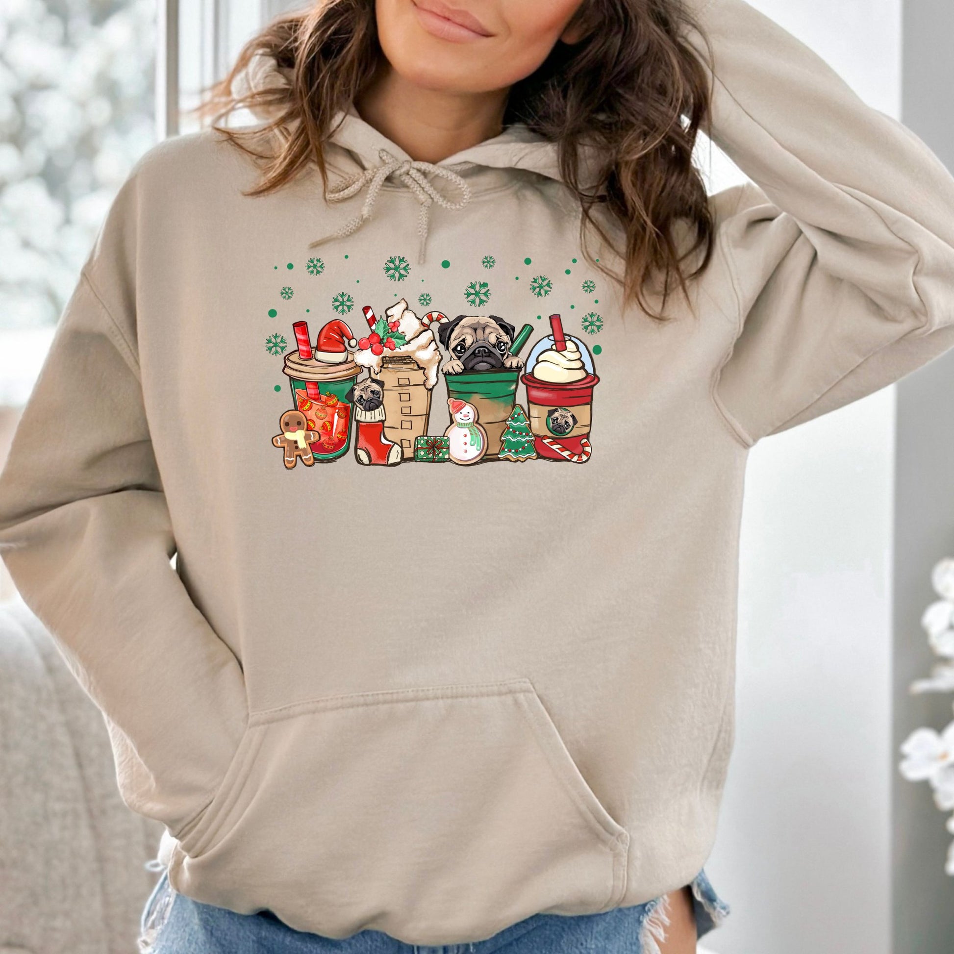 Christmas Pugs and Coffee Hoodie Sweatshirt - PuppyJo Hoodie S / Sand