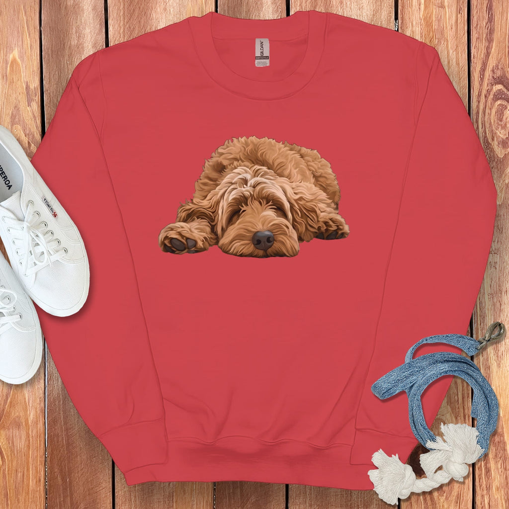 Apricot Goldendoodle Snoozing Sweatshirt in Red / S by Puppy Jo