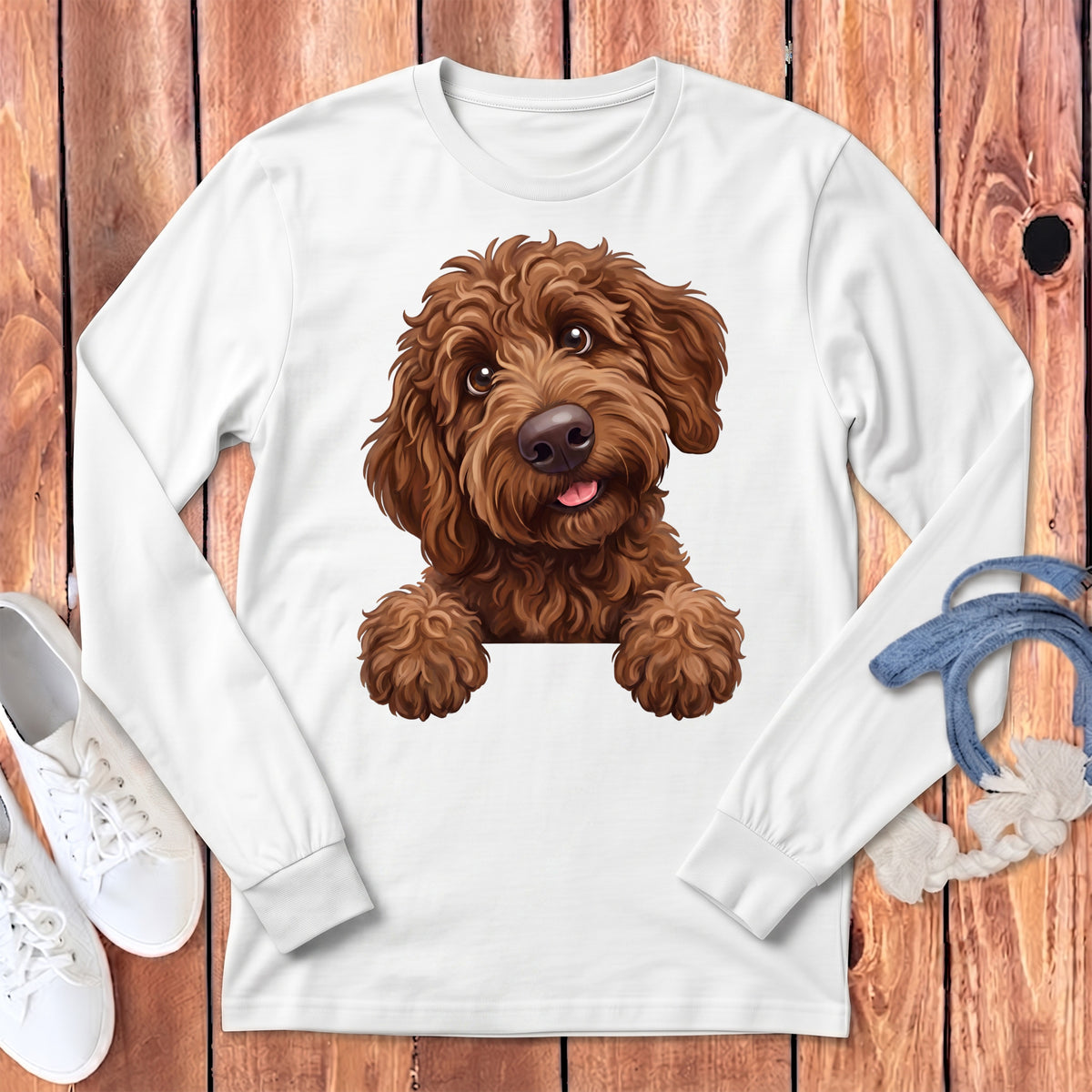 White long sleeve shirt with a brown doodle dog illustration peeking over a white banner.