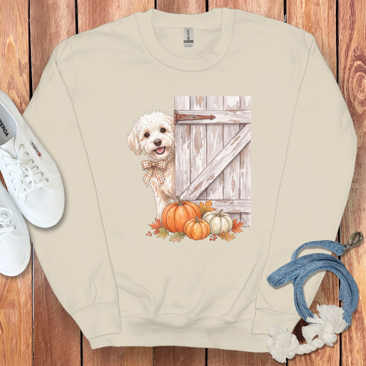 Maltipoo Barn Peeking Sweatshirt in Sand / S by Puppy Jo