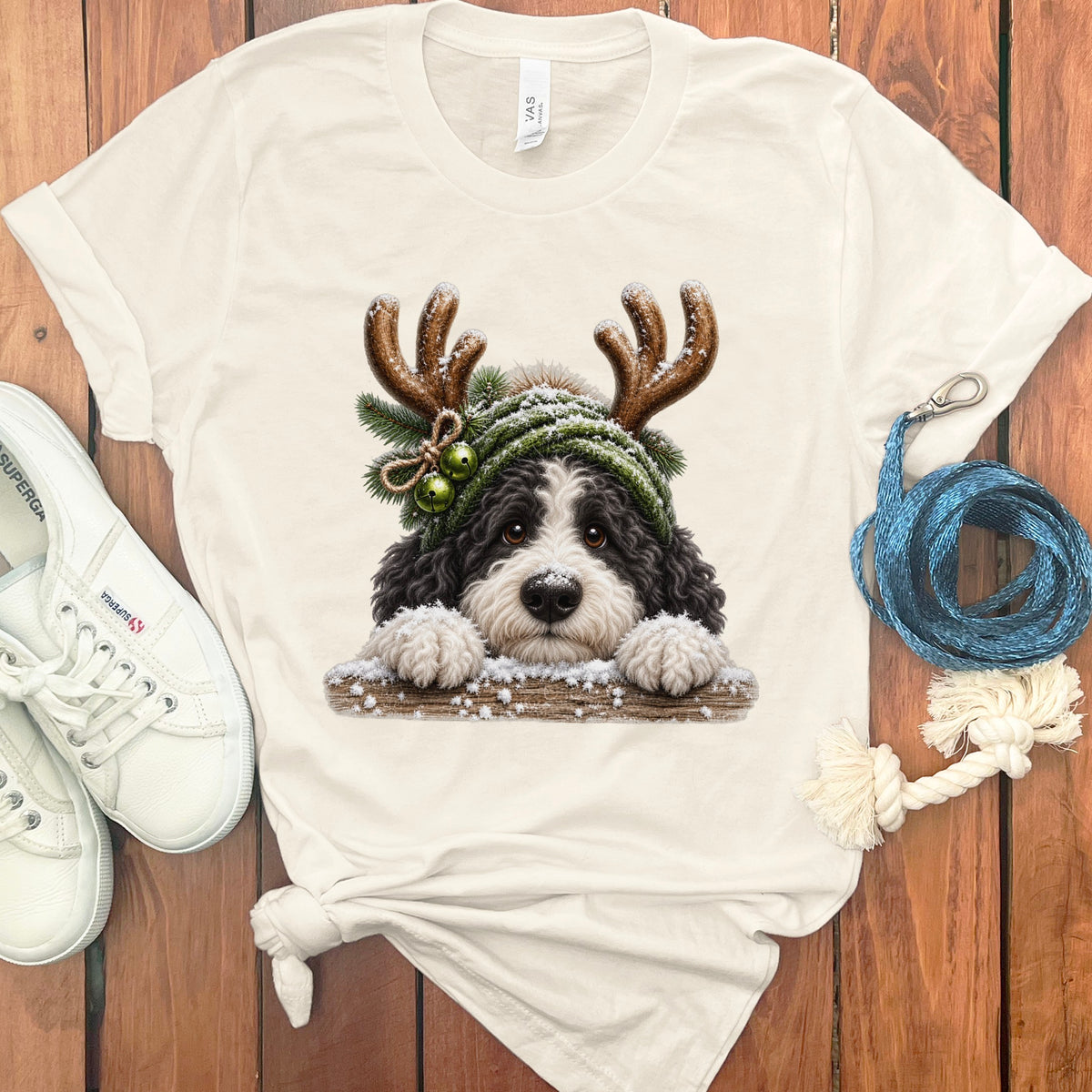 Bernese Mountain Dog wearing reindeer antlers and a Santa hat with jingle bells.