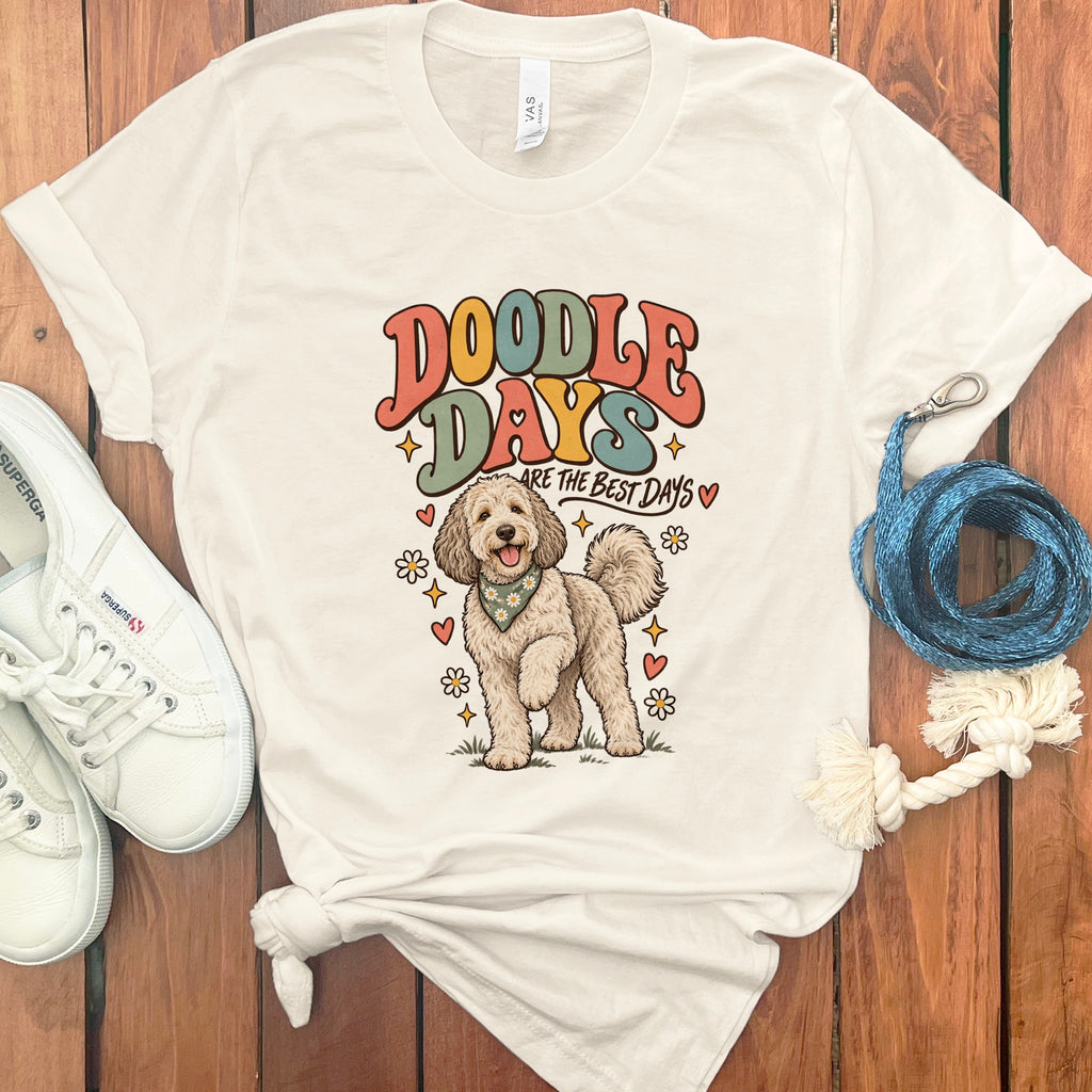 Cream t-shirt with "Doodle Days are the best days" and a cartoon dog.