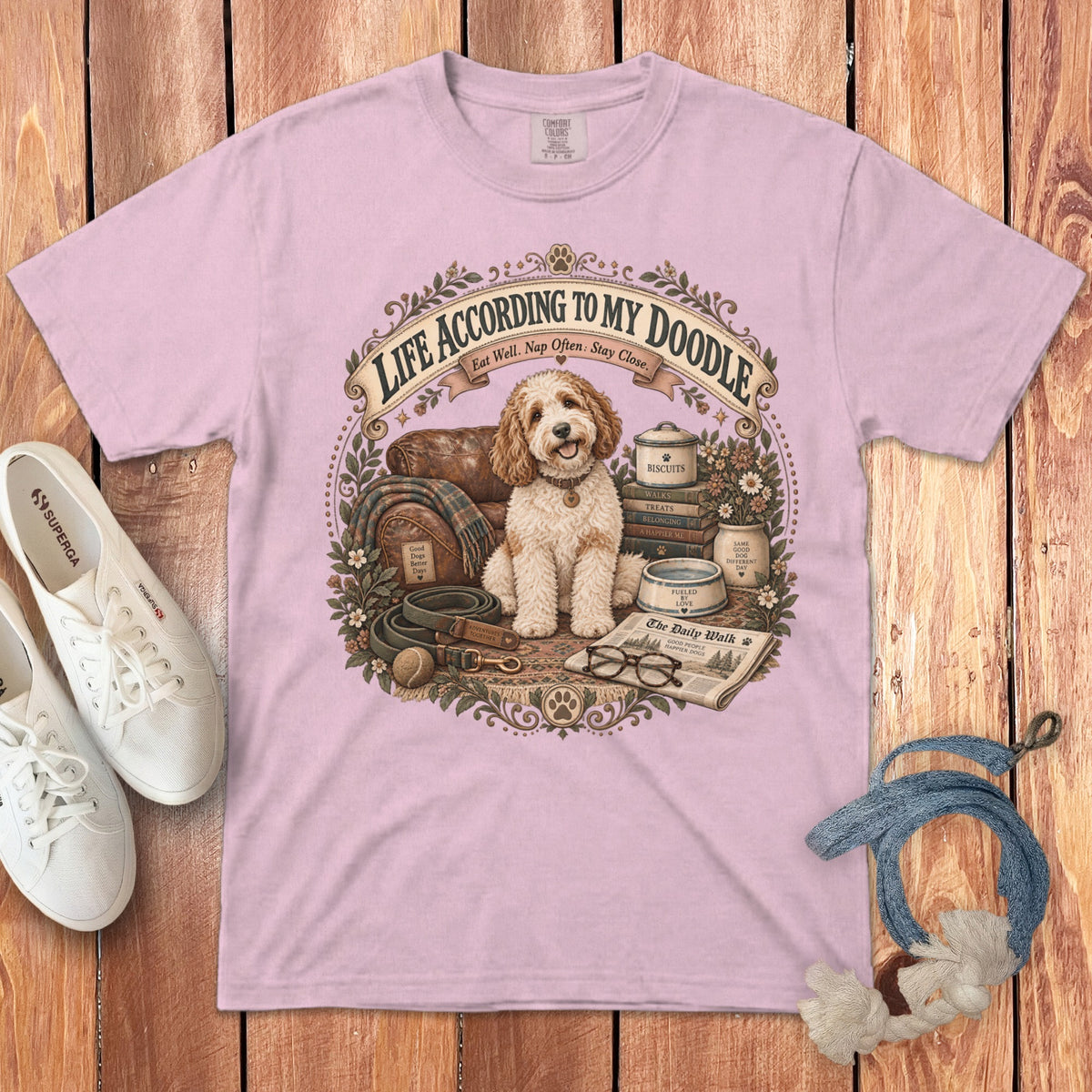 Pink t-shirt with doodle dog, couch, books, and "Life According to My Doodle" text.