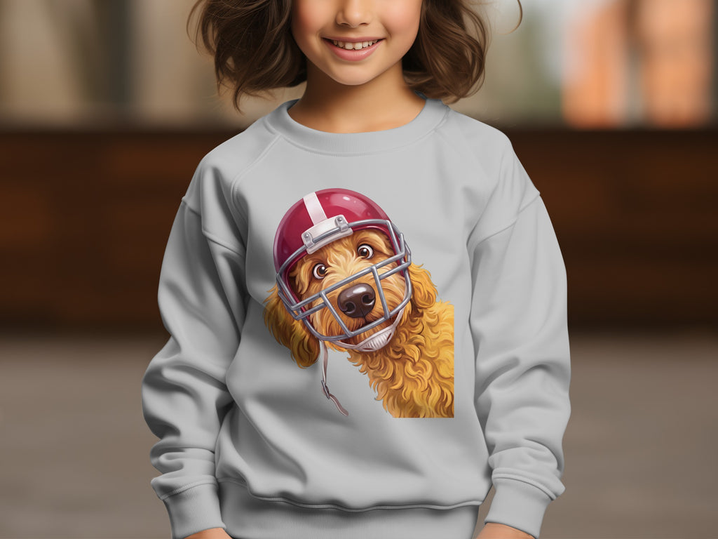 Dog wearing a football helmet on a light gray sweatshirt.