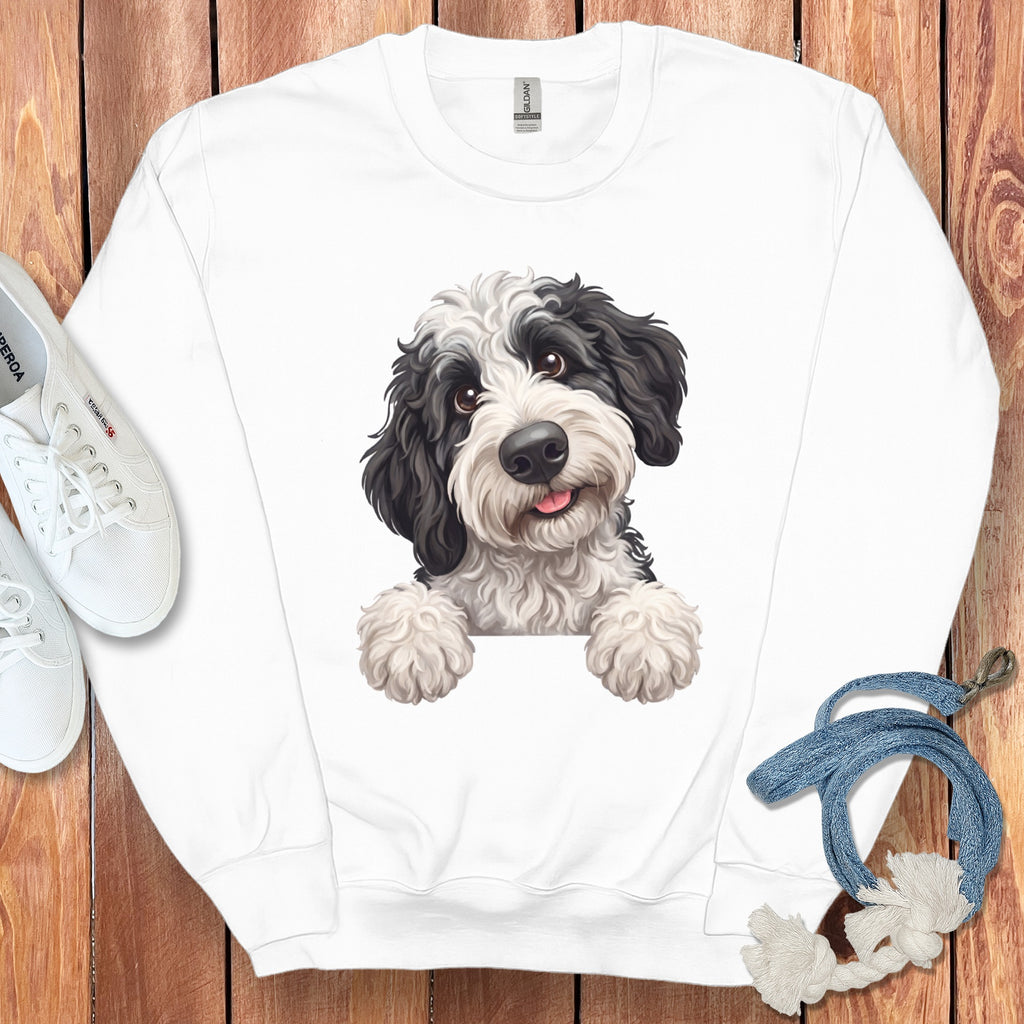 White sweatshirt with a black and white dog graphic.