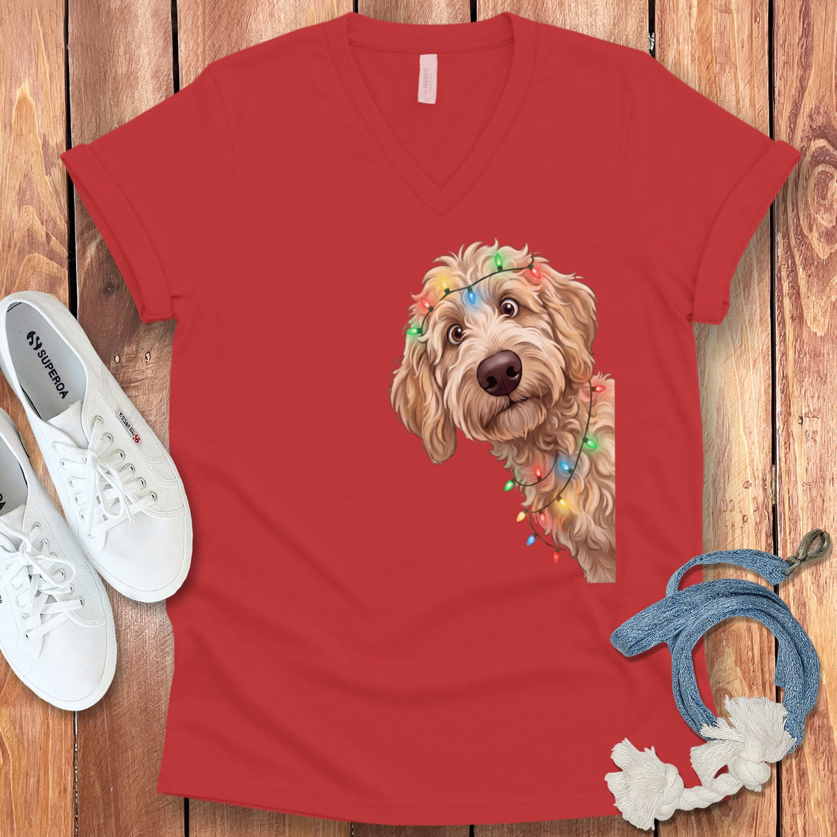 Peeking Apricot Goldendoodle Holiday V-Neck T-Shirt in Red / S by Puppy Jo