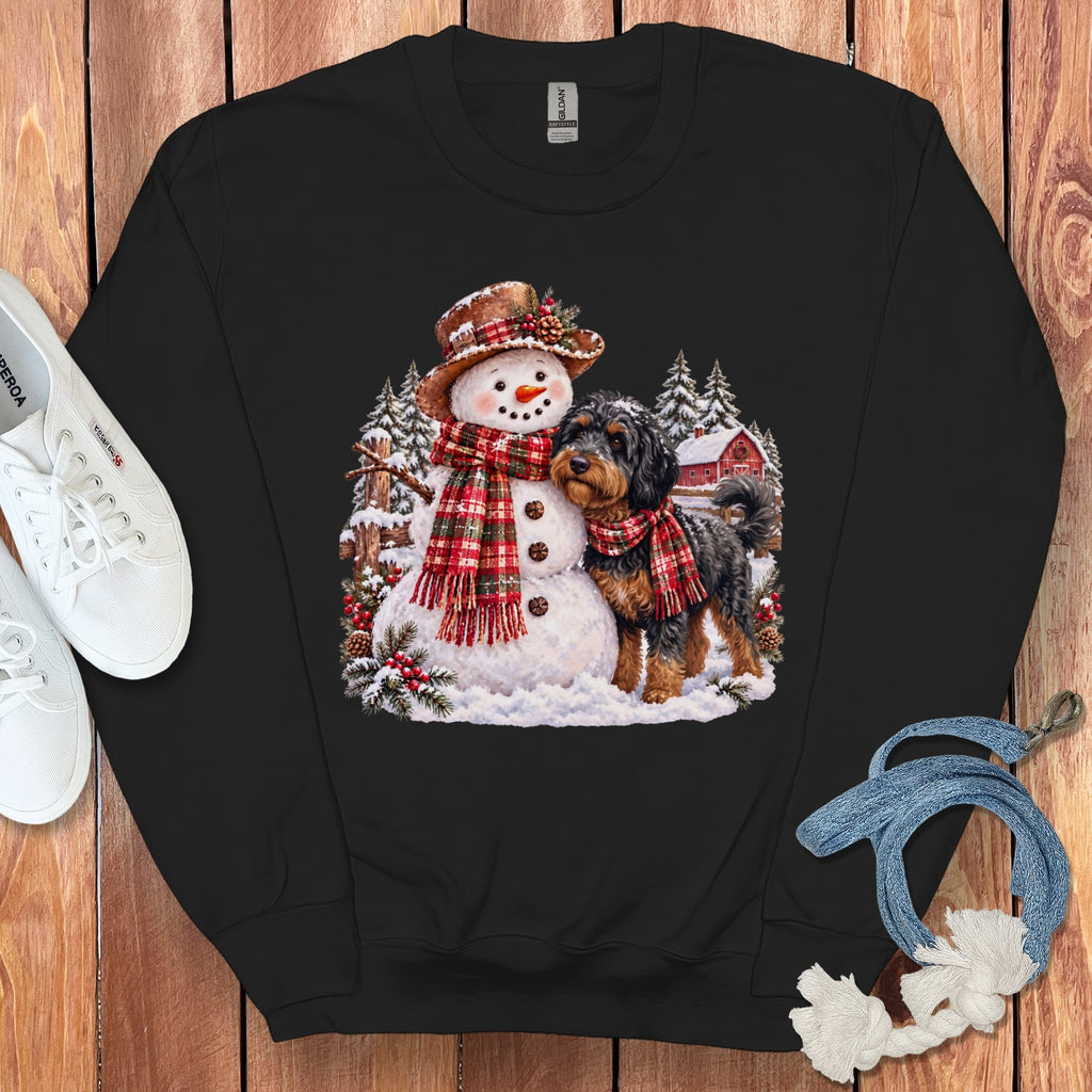 Phantom Goldendoodle Christmas Snowman Sweatshirt in Black / S by Puppy Jo