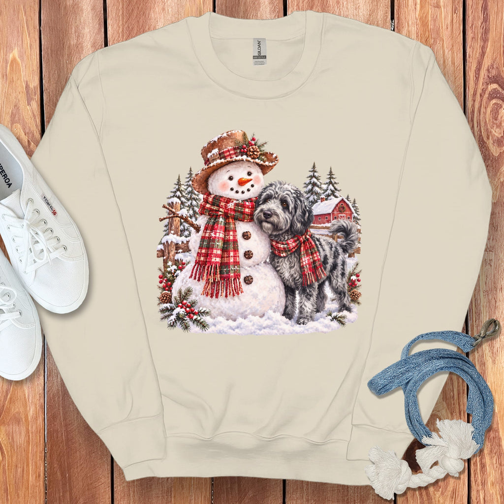 Merle Goldendoodle Christmas Snowman Sweatshirt in Sand / S by Puppy Jo