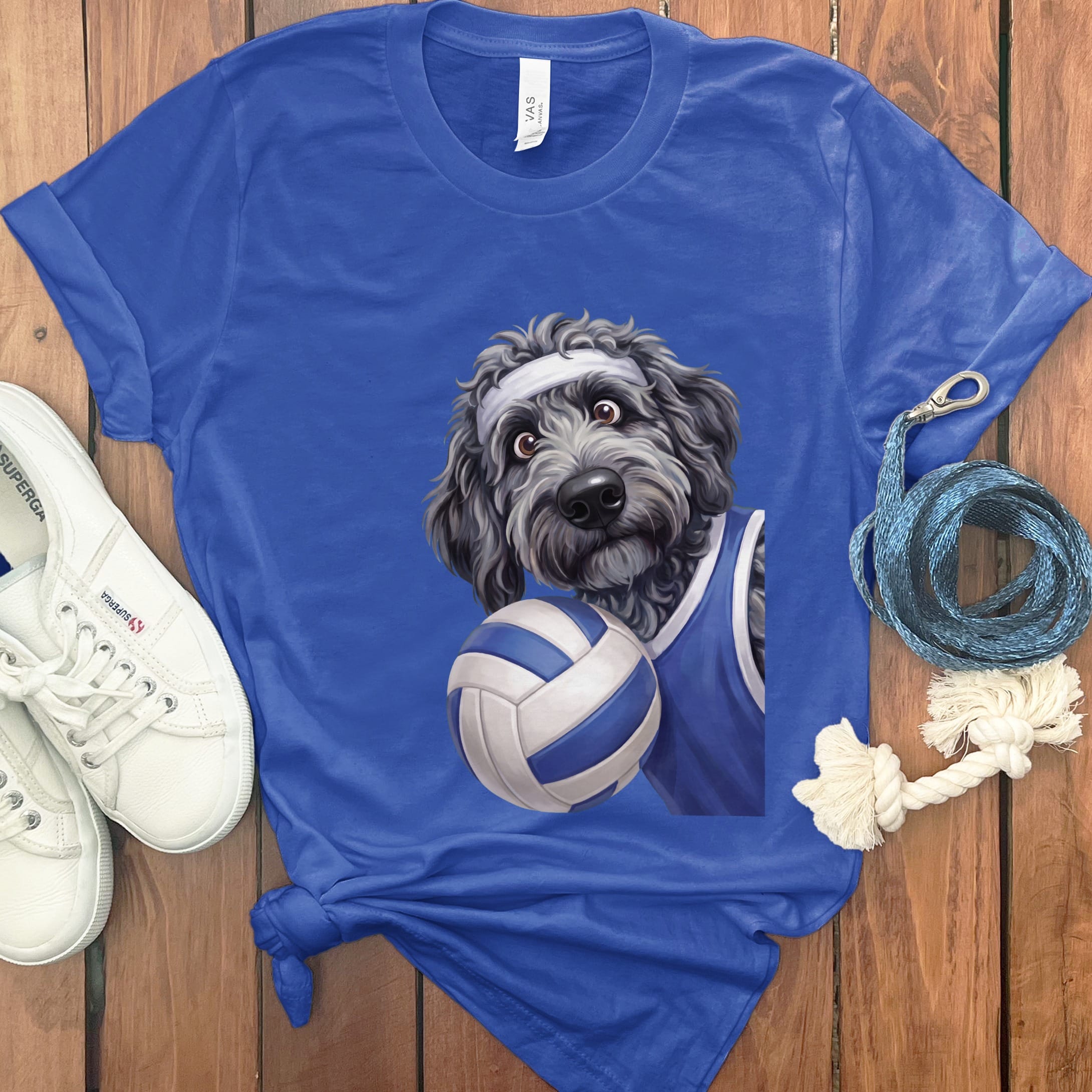 Merle Goldendoodle Volleyball Player T-Shirt in True Royal / S by Puppy Jo