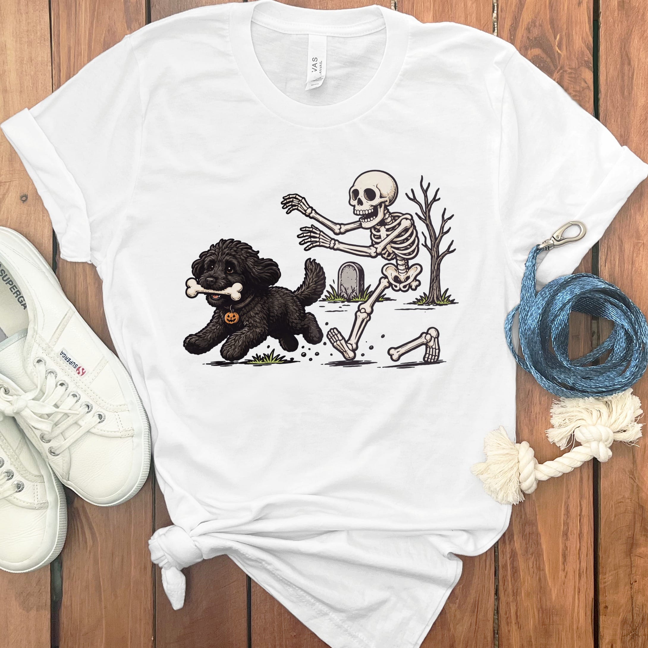 Black Goldendoodle Bone Thief T-Shirt in White / S by Puppy Jo