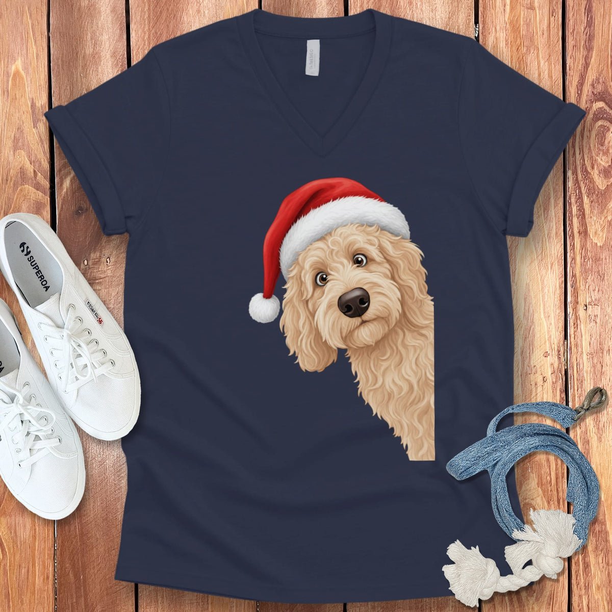 Cream Goldendoodle Holiday Santa V-Neck T-Shirt in Navy / S by Puppy Jo