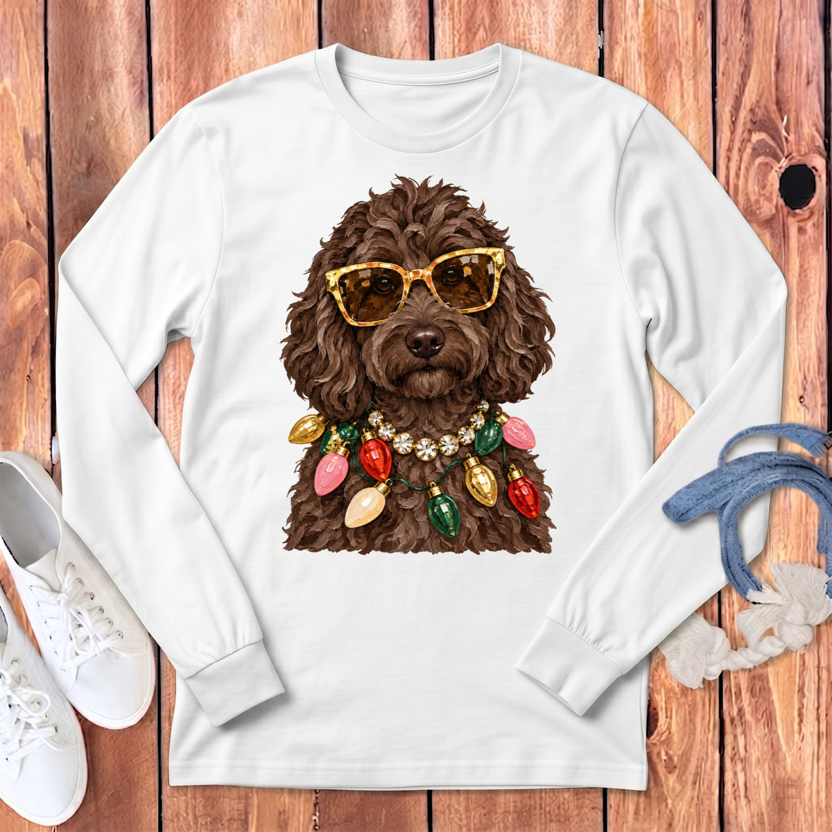 Brown dog wearing sunglasses and a necklace of Christmas lights on a white long-sleeve shirt.