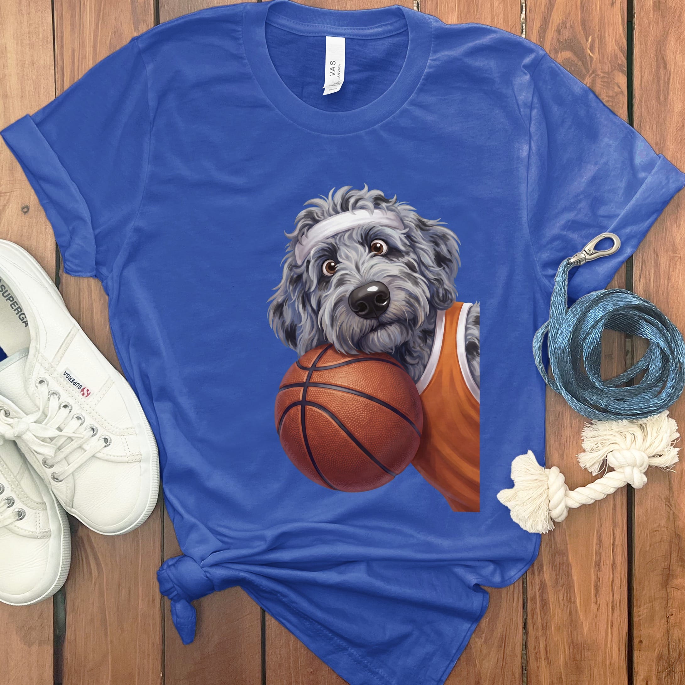 Merle Goldendoodle Basketball Player T-Shirt in True Royal / S by Puppy Jo