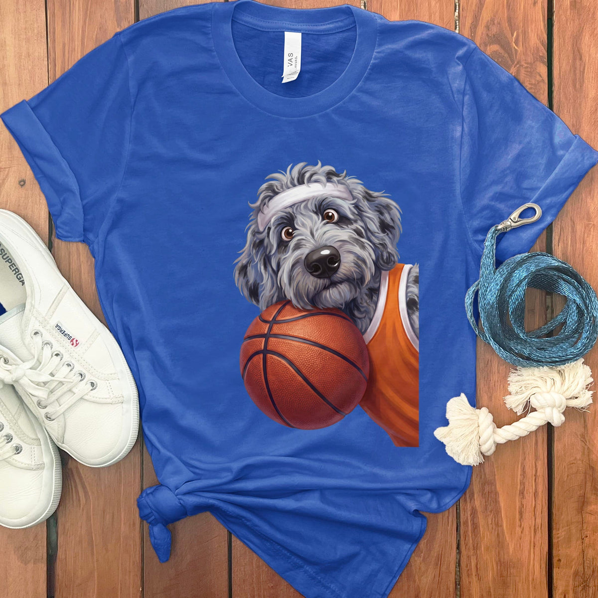 Merle Goldendoodle Basketball Player T-Shirt in True Royal / S by Puppy Jo