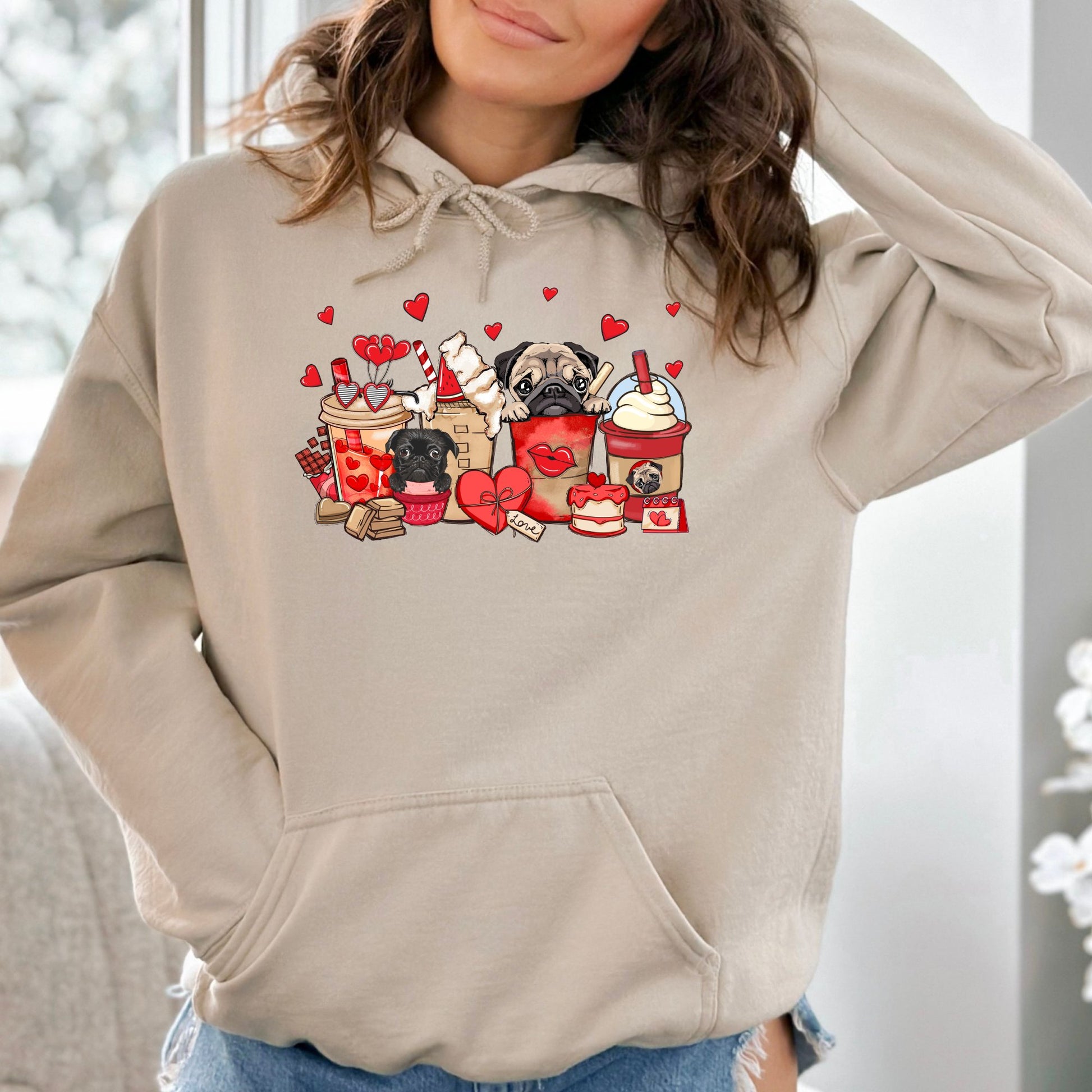Pugs and Coffee Valentine Hoodie Sweatshirt - PuppyJo Hoodie S / Sand