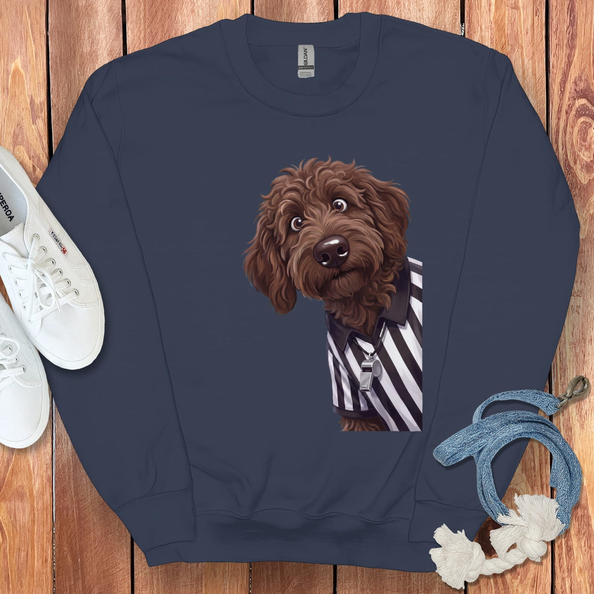 Chocolate Goldendoodle Football Referee Sweatshirt in Navy / S by Puppy Jo