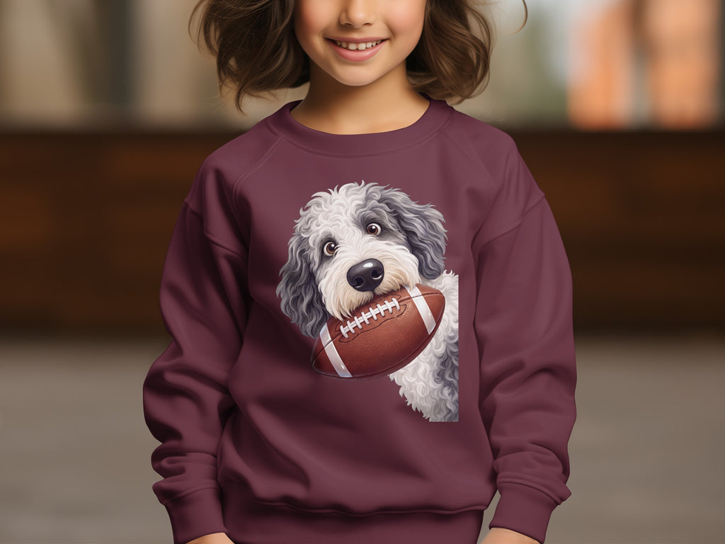 Maroon sweatshirt with a shaggy dog holding a football graphic.