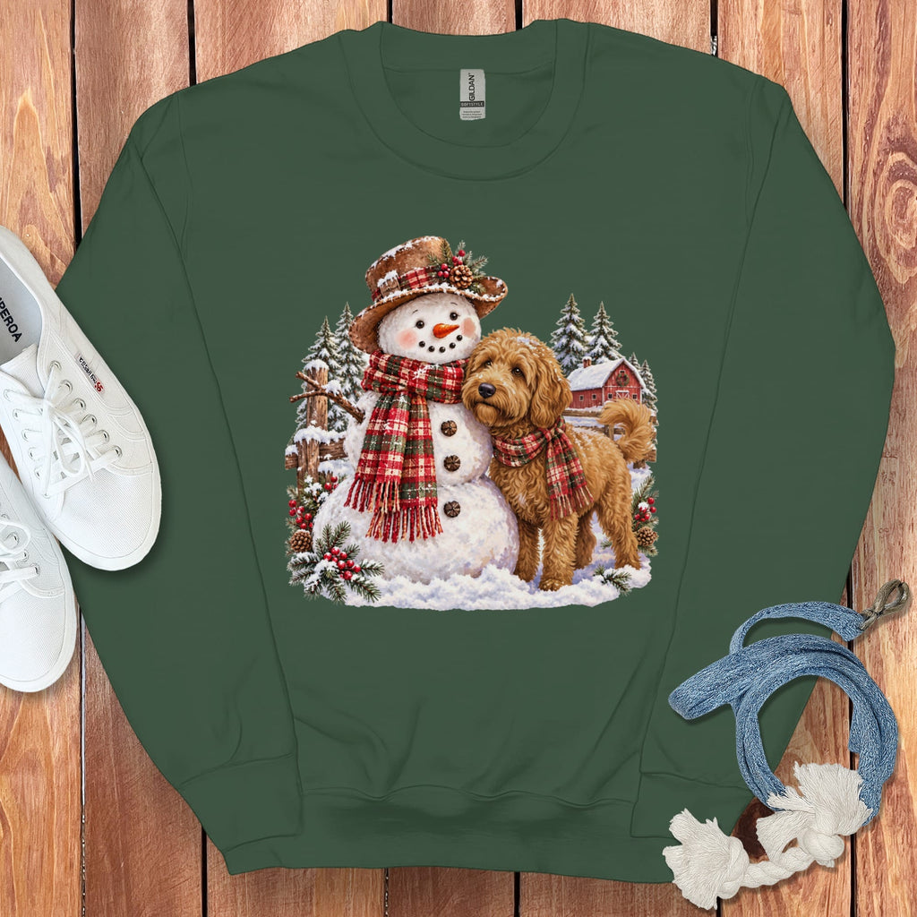 Apricot Goldendoodle Christmas Snowman Sweatshirt in Forest Green / S by Puppy Jo