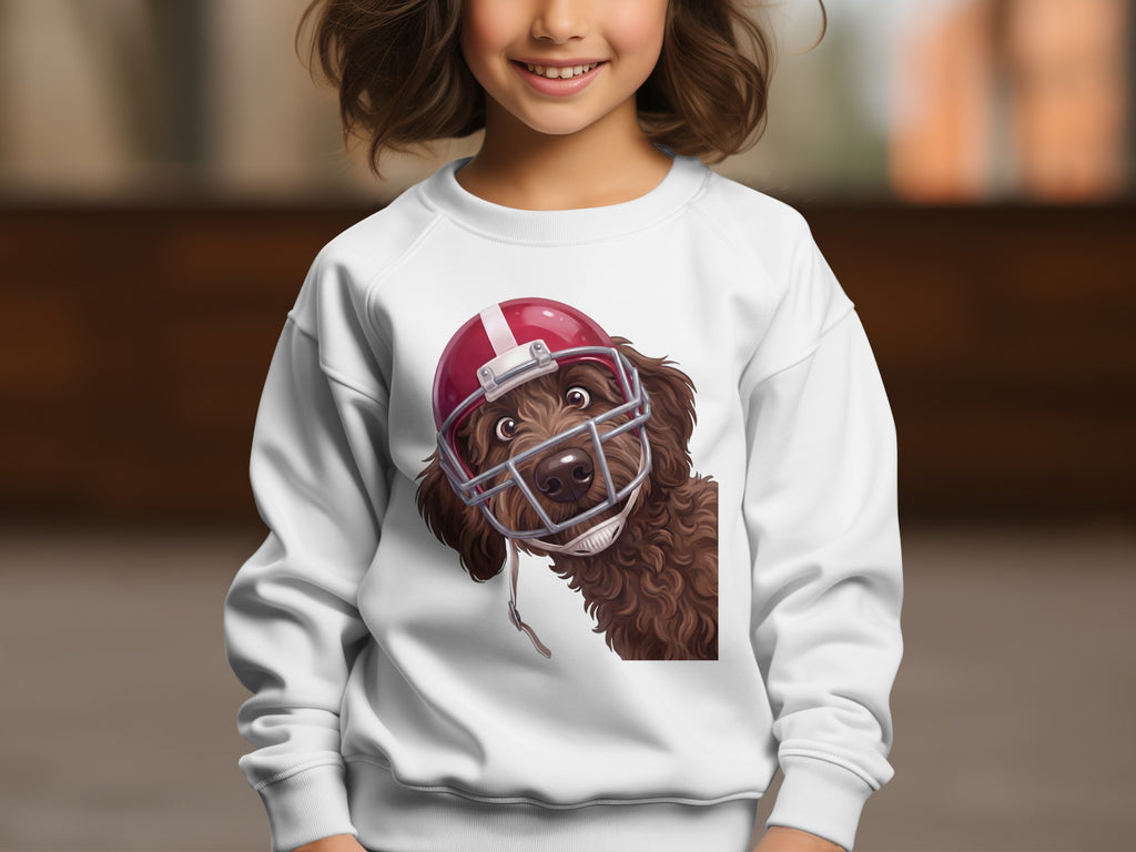 White sweatshirt with a cartoon brown dog wearing a red football helmet.
