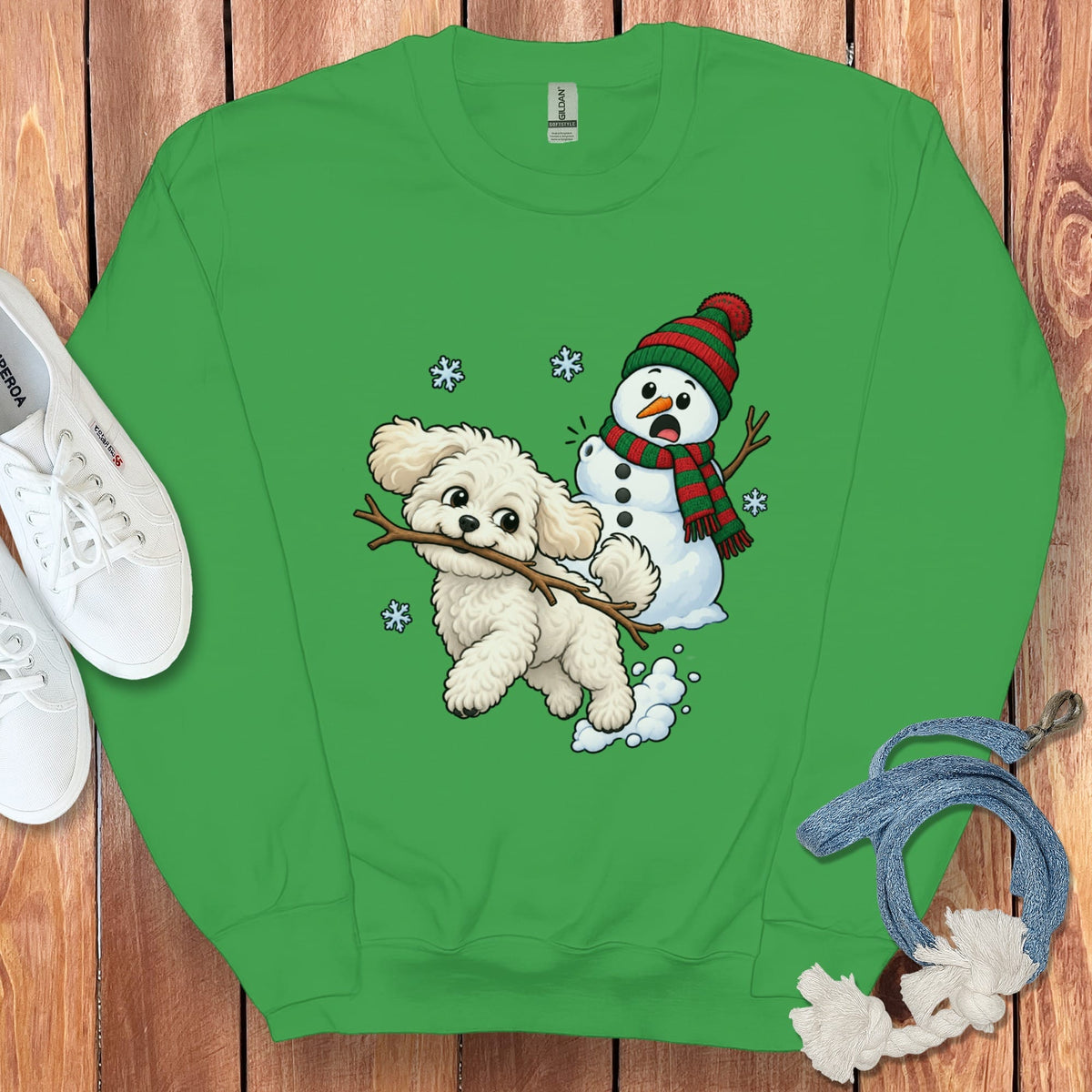Maltipoo Snowman Sweatshirt in Irish Green / S by Puppy Jo