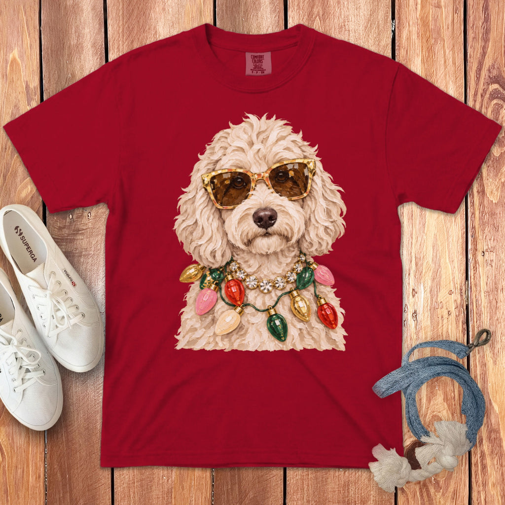 Red t-shirt with a fluffy dog wearing sunglasses and a Christmas light necklace.