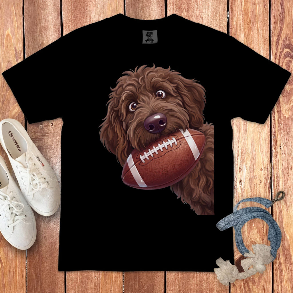Chocolate Goldendoodle Football Signature T-Shirt in Black / S by Puppy Jo
