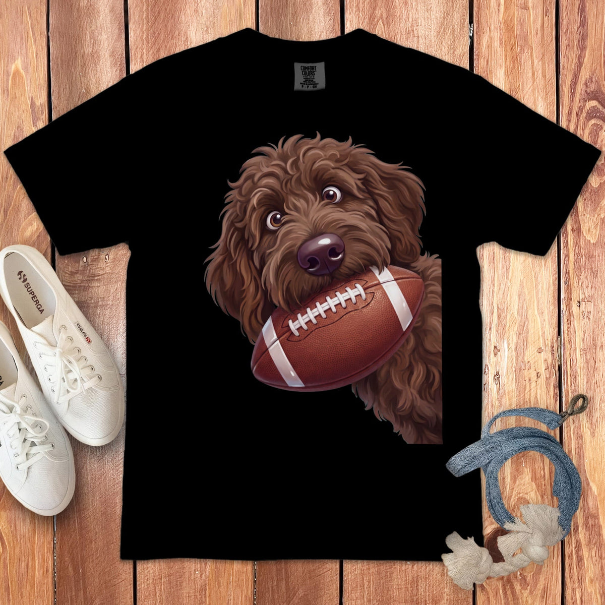 Chocolate Goldendoodle Football Signature T-Shirt in Black / S by Puppy Jo