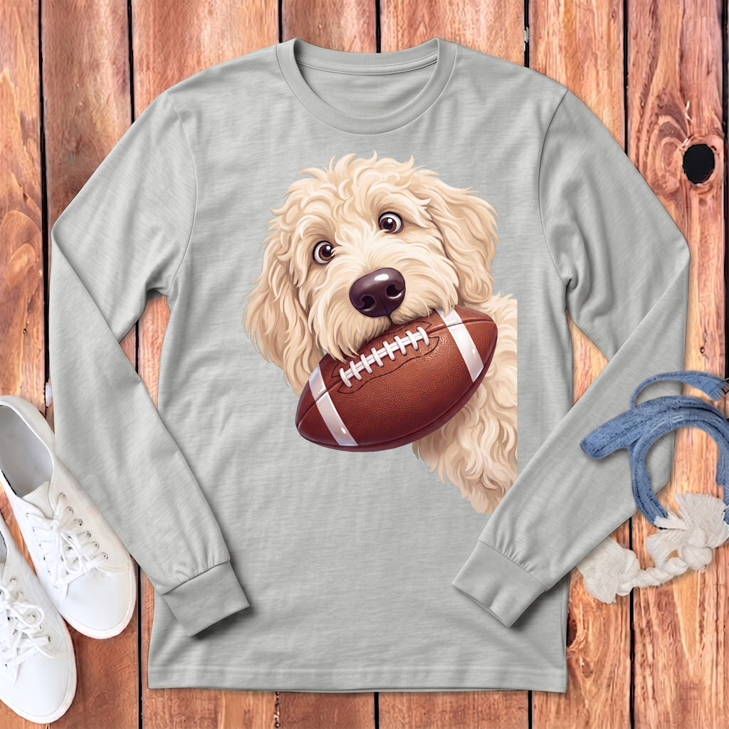 Light gray long sleeve shirt with a fluffy dog biting a football graphic.