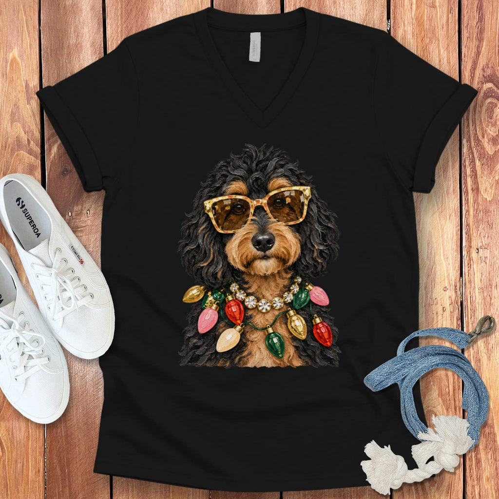 Phantom Goldendoodle Christmas Glam V-Neck T-Shirt in Black / S by Puppy Jo