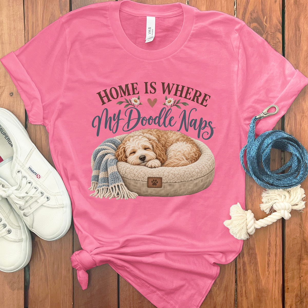 Pink t-shirt with "Home is Where My Doodle Naps" text and sleeping dog graphic.