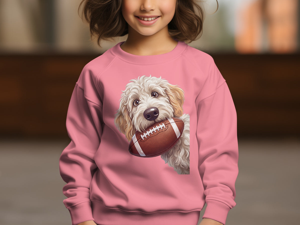 Pink sweatshirt with a fluffy dog holding a football graphic.